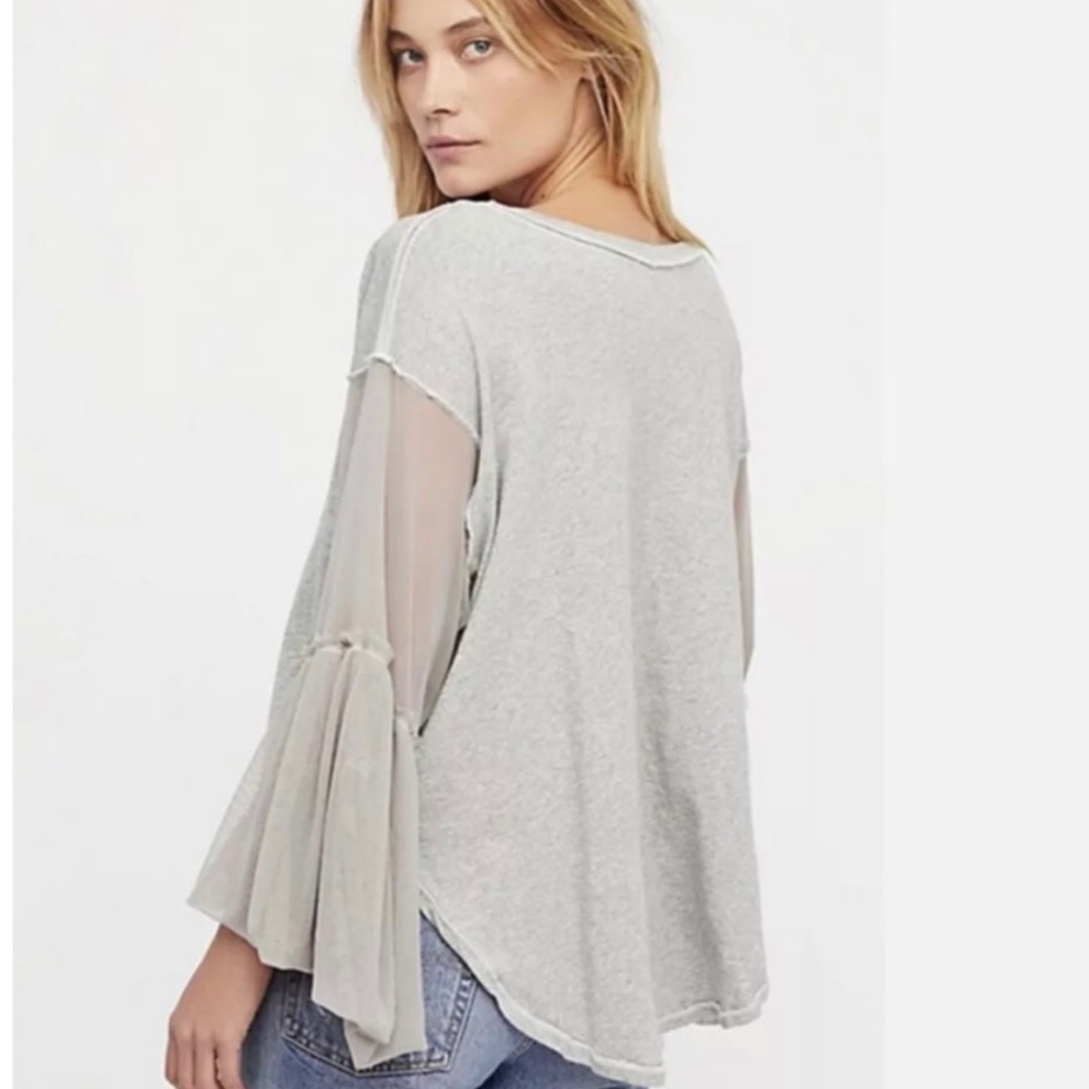 Free People Light Gray Mesh Sleeve Short Sleeve Top - Picture 7 of 8